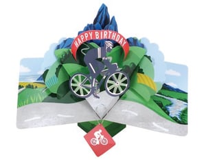 A happy birthday card with a man riding a bike.