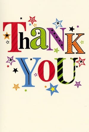 A colorful thank-you card with stars and polka dots.