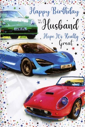 a birthday card for a husband with three sports cars on it