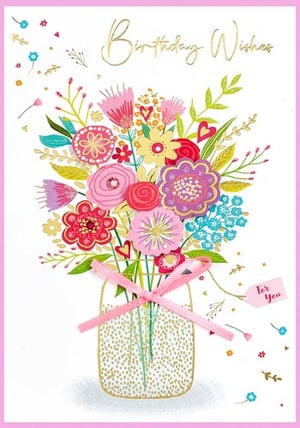 a birthday card with flowers in a mason jar