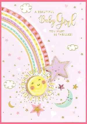 a baby girl greeting card with a rainbow , sun , moon and stars