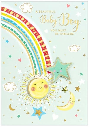a baby boy greeting card with a rainbow , sun , moon and star
