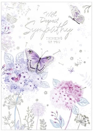 a sympathy card with purple butterflies and flowers