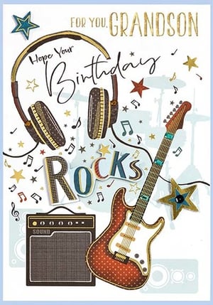 a birthday card for a grandson with a guitar , headphones , and an amplifier .