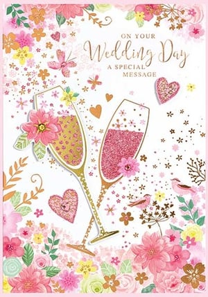 a wedding day card with two champagne glasses and flowers on it .