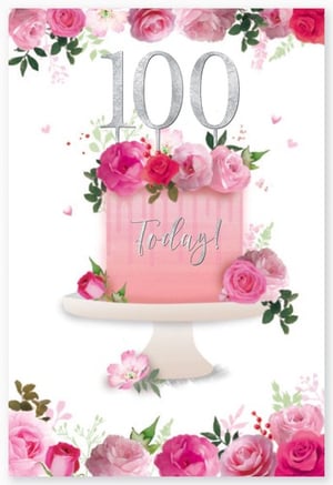 A 100th birthday card with a pink cake surrounded by pink roses.