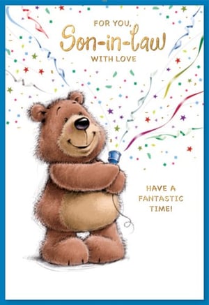 A birthday card for a son-in-law with a teddy bear holding a microphone.