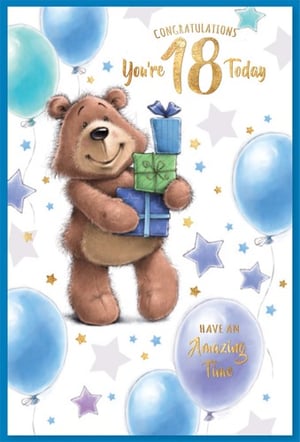 A birthday card with a teddy bear holding gifts and the words "Congratulations, you're 18 today."