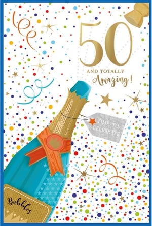 a 50th birthday card with a bottle of champagne