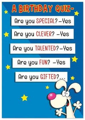 a birthday quiz with a cartoon dog on a blue background .