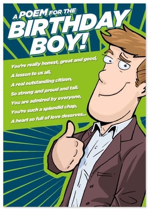 a cartoon of a man with a poem for the birthday boy