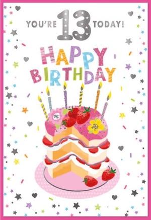 a birthday card for a 13 year old girl with a cake and candles