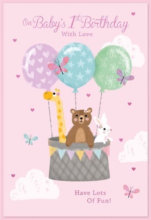 a baby 's first birthday card with animals flying in a hot air balloon