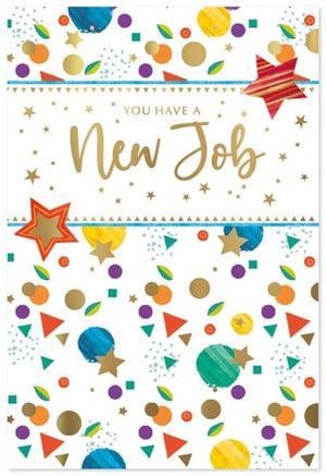 a new job card with colorful confetti and stars on it .