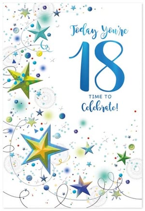 a 18th birthday card for a boy with stars and confetti .
