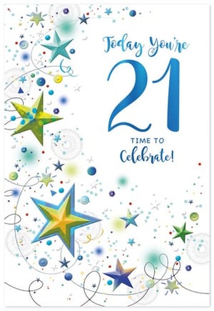 a 21st birthday card with blue and green stars and confetti .