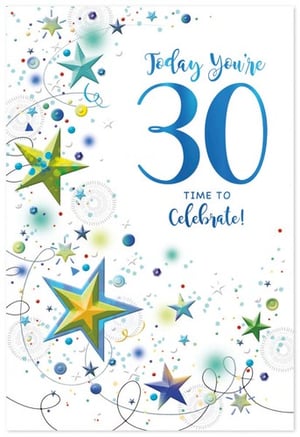 a 30th birthday card with blue and green stars and confetti .