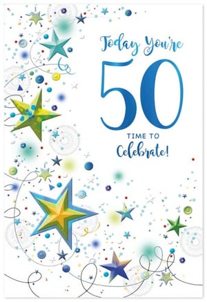 a 50th birthday card with blue and green stars and confetti .