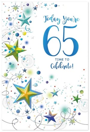 a 65th birthday card with blue and green stars and confetti .