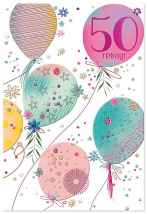 a 50th birthday card with balloons and flowers