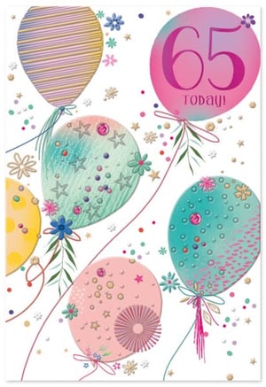 a 65th birthday card with balloons and flowers