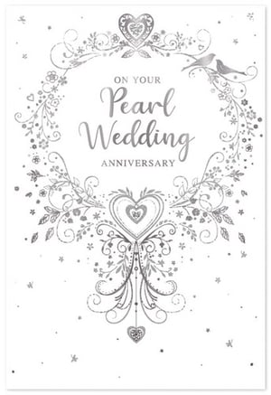 a pearl wedding anniversary card with a heart and flowers on it