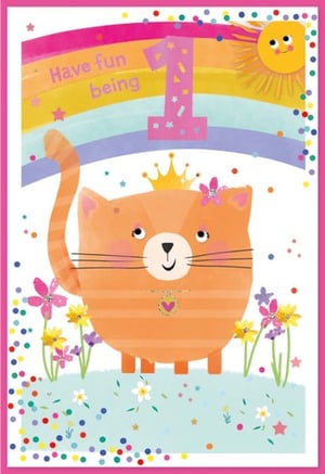 a birthday card for a little girl with a cat wearing a crown and flowers .