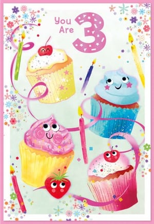 a 3rd birthday card with cupcakes and candles