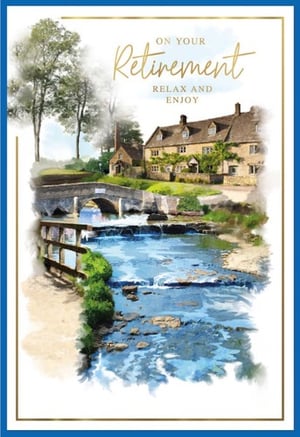 a retirement card with a painting of a bridge over a river