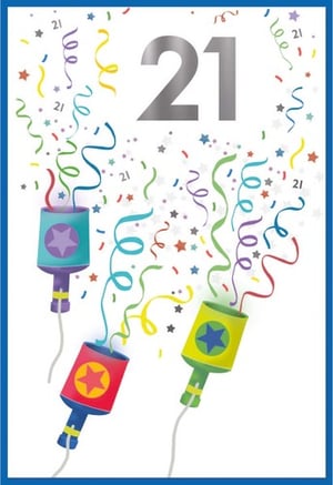 a 21st birthday card with colorful confetti and fireworks
