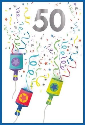 a 50th birthday card with colorful fireworks and confetti