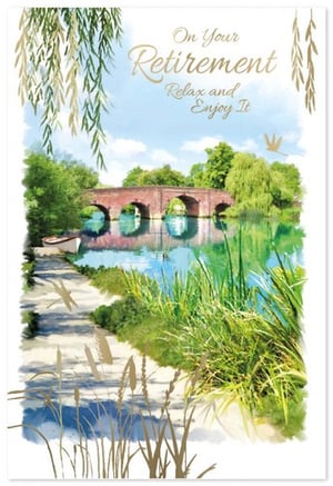 a retirement card with a bridge over a lake