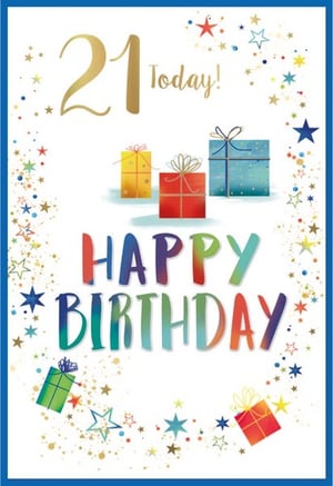 a 21st birthday card with gifts and stars on it
