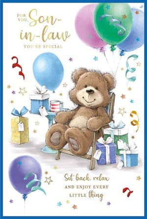 a birthday card for a son-in-law with a teddy bear sitting in a chair