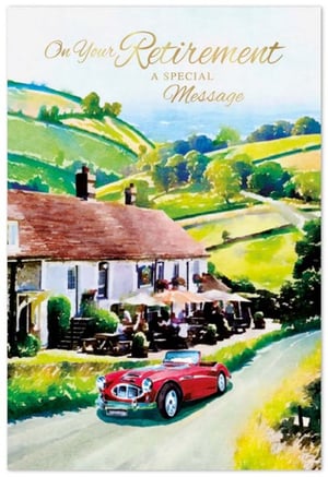 a retirement card with a red car driving past a restaurant