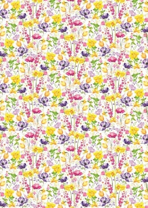 A seamless pattern of yellow and purple flowers on a white background.