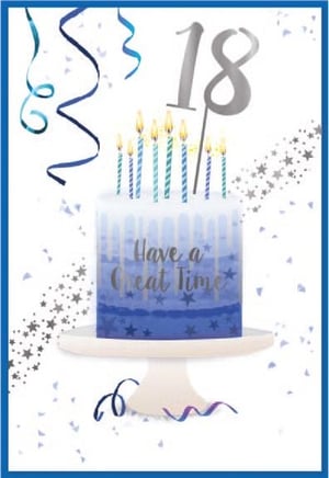 a 18th birthday card with a cake and candles on it .