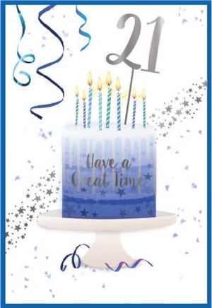 a 21st birthday card with a cake and candles on a cake stand .