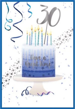 a 30th birthday card with a cake and candles on a cake stand .