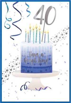 a 40th birthday card with a cake and candles on a cake stand .