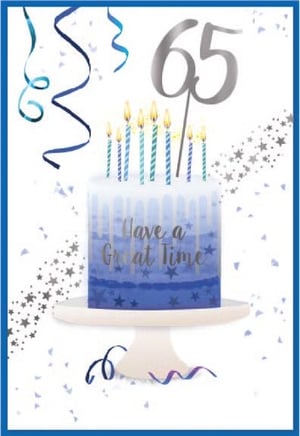 a 65th birthday card with a cake and candles on it .