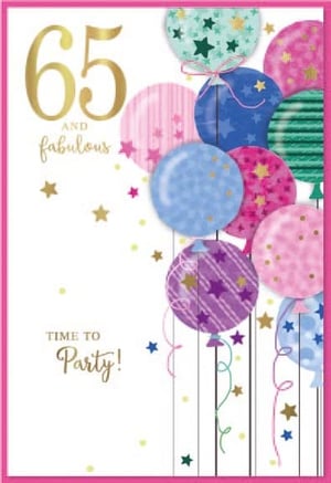 a 65th birthday card with balloons and stars on it