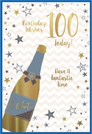 a 100th birthday card with a bottle of champagne and stars .