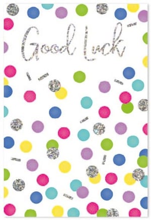 a card that says good luck with colorful polka dots