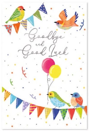 a goodbye and good luck card with birds and balloons