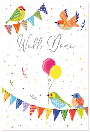 a well done card with birds holding balloons and flags .
