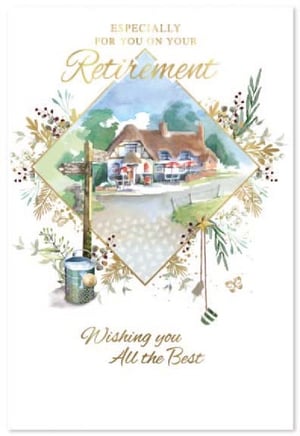 a retirement card with a picture of a thatched roofed house on it .