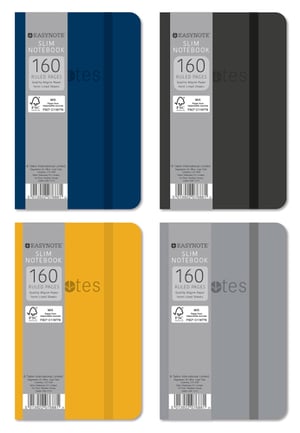 four different colors of easynote slim notebooks with 160 ruled pages