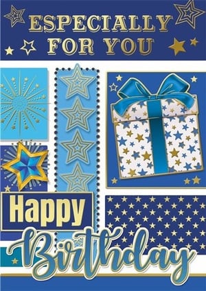 a blue and gold birthday card that says especially for you