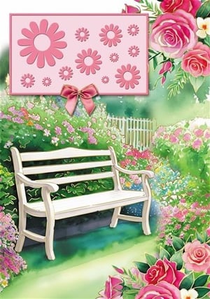 a white bench is sitting in a garden surrounded by pink flowers .